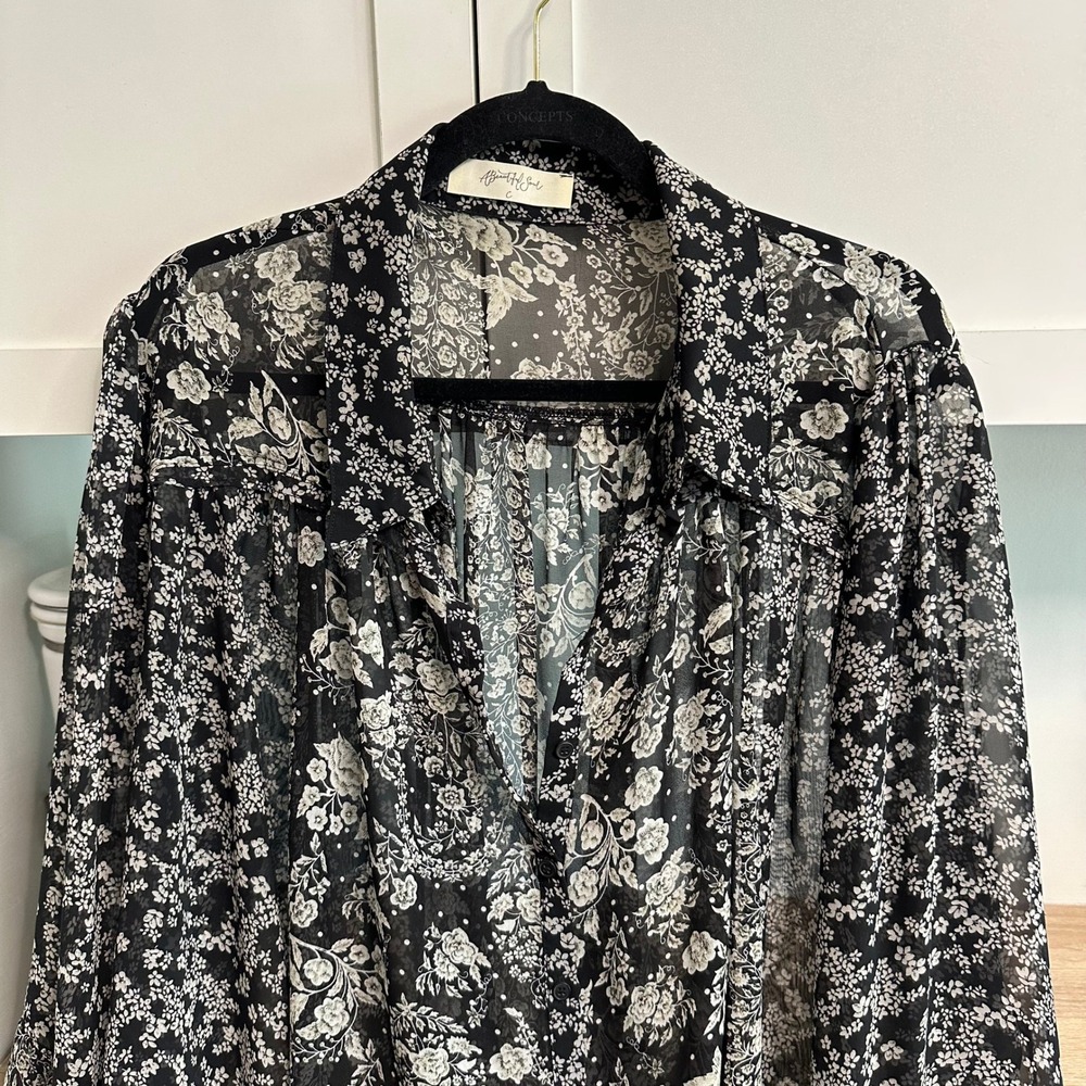 Bohemian Sheer Blouse Womens Black White Dramatic Bell Sleeve Top Ethereal Flowy - Picture 3 of 13